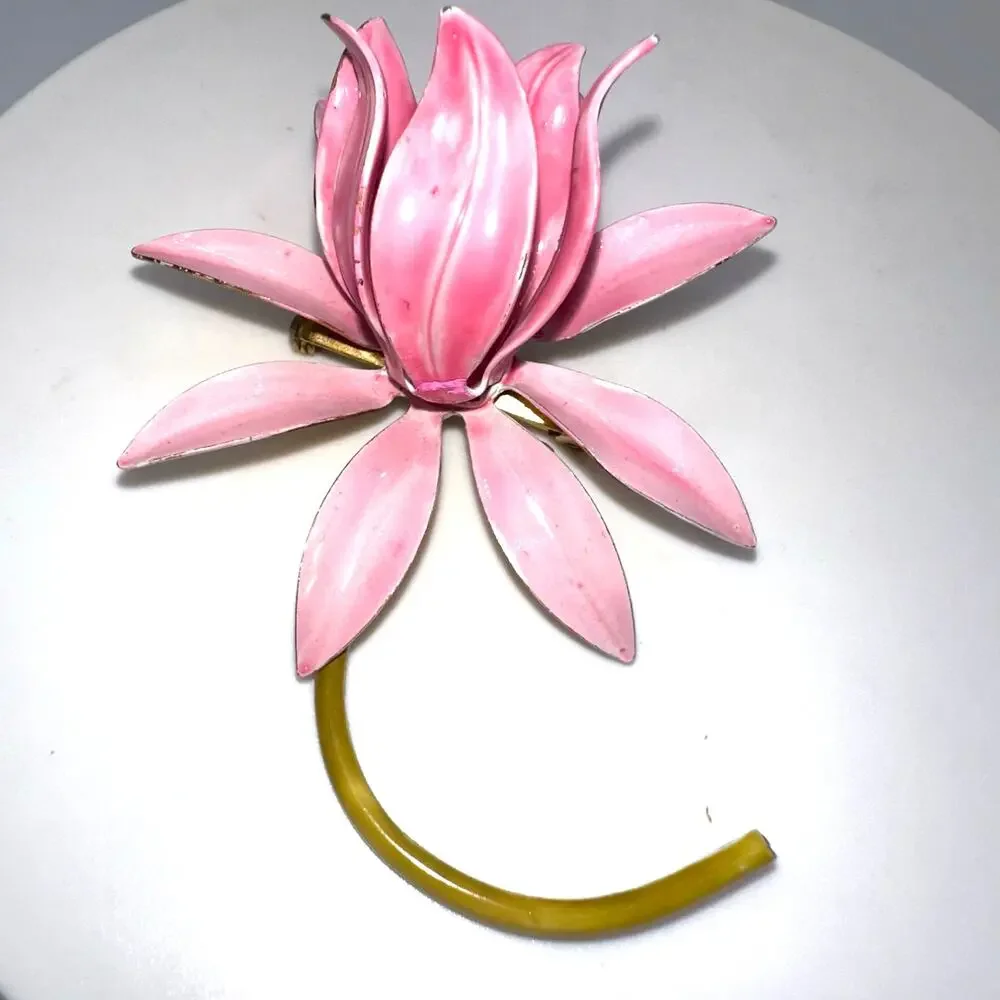 Original by Robert signed vintage gold tone pink green enamel 3D flower brooch